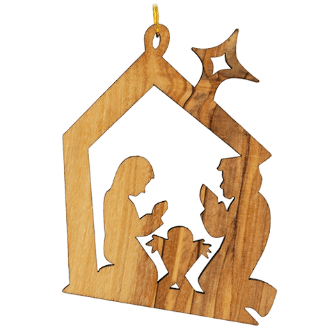 front view of 2D holy family manger and bethlehem star nativity Christmas hanging ornament
