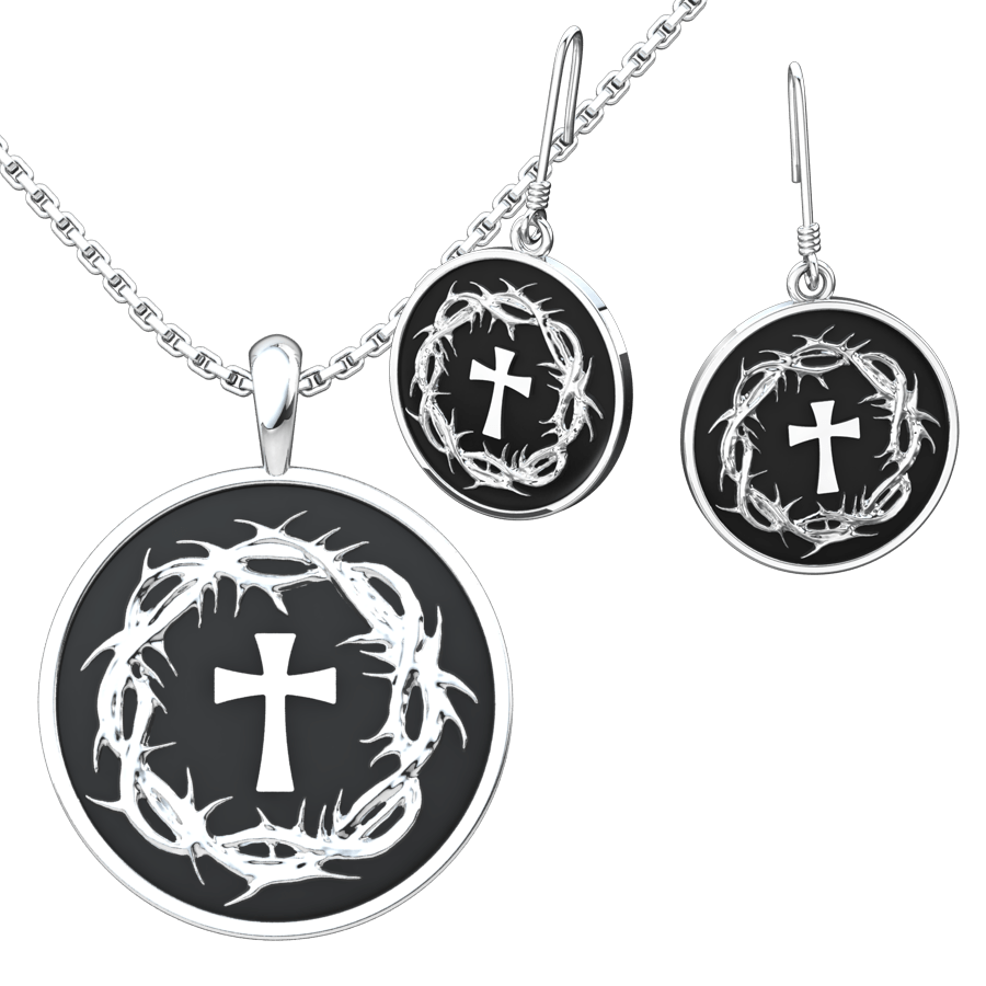 Crown of Thorns & Cross Set: Sterling Silver Pendant and Earrings - Logos Trading Post, Christian Gift