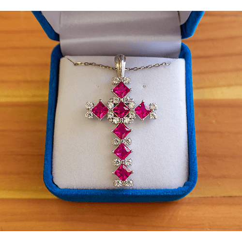 July Ruby Birthstone Cross Pendant - With 18" Sterling Silver Chain in a velvet box