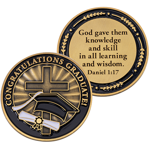 Back and front of Congratulations Graduate Antique Gold Plated Christian Coin 