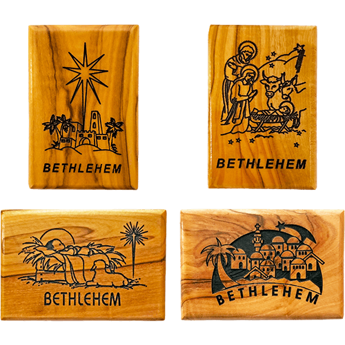 all 4 christmas olive wood nativity magnets from Israel
