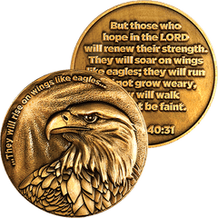 Front and back of Christian Eagle Antique Gold Plated Challenge Coin