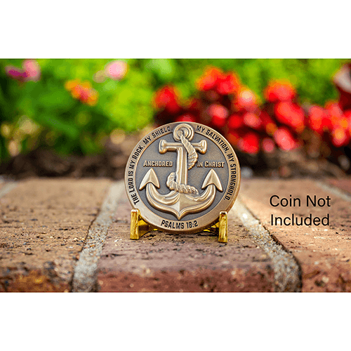 Coin stand with anchored in Christ example coin with floral background