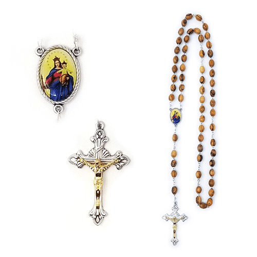Olive Wood Rosary with Virgin Mary and Jesus Oval Medal