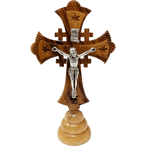Olive Wood Jerusalem Cross Crucifix on Stand - Large