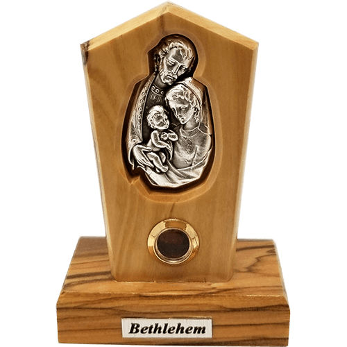 Holy Family Silver Plated Icon Olive Wood Stand - Small