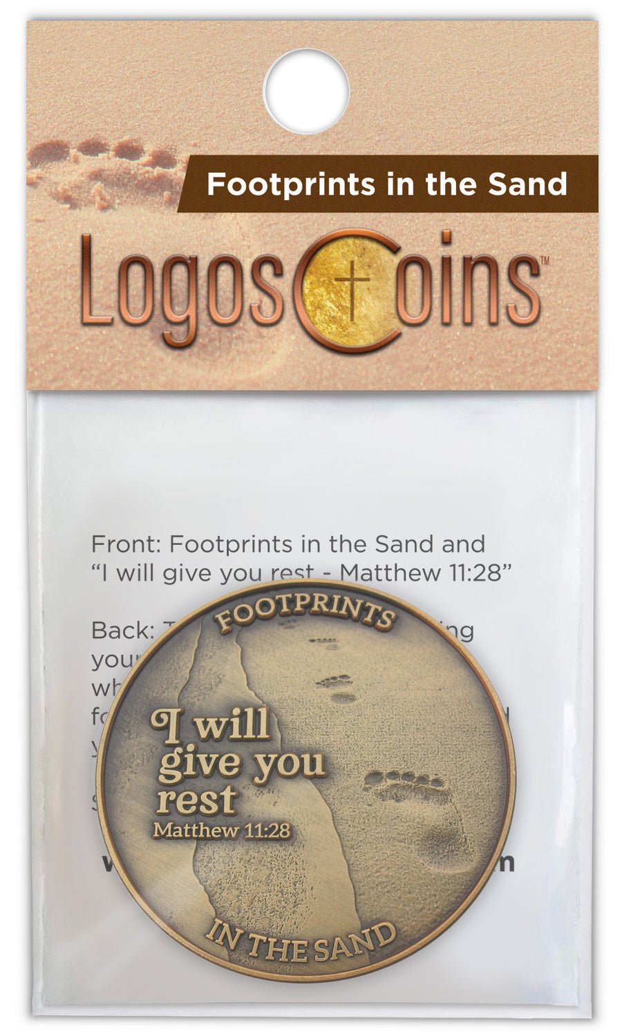 front of Footprints in the Sand Antique Gold Plated Challenge Coin in packaging