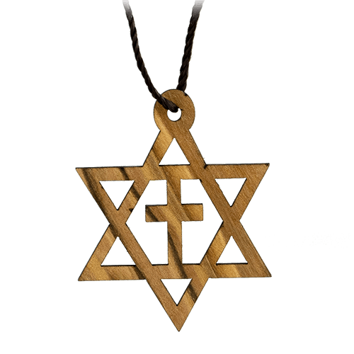 Star of David with Cross, Messianic Olive Wood Necklace