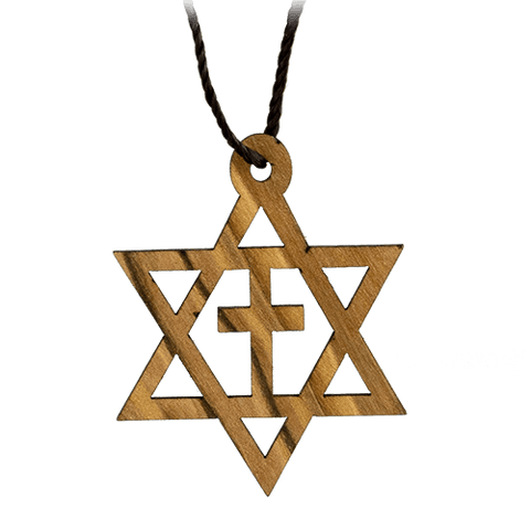 Star of David with Cross, Messianic Olive Wood Necklace