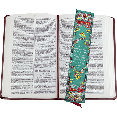 He is Risen, Woven Fabric Christian Bookmark, God's Not Dead, Silky Soft Matthew 28:5 Bookmarker for Novels Books and Bibles, Traditional Turkish Woven Design, Flexible Memory Verse Bookmark Gift