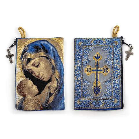 Woven Tapestry Rosary Pouch, Jewelry & Coin Purse - Madonna and Child & IC XC Cross