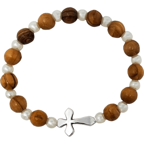 Olive Wood Stretch Bracelet, White Beads and Inlet Cross