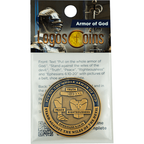 front of Armor of God Coin with All Armor Pieces Antique Gold Plated Coin in the packaging