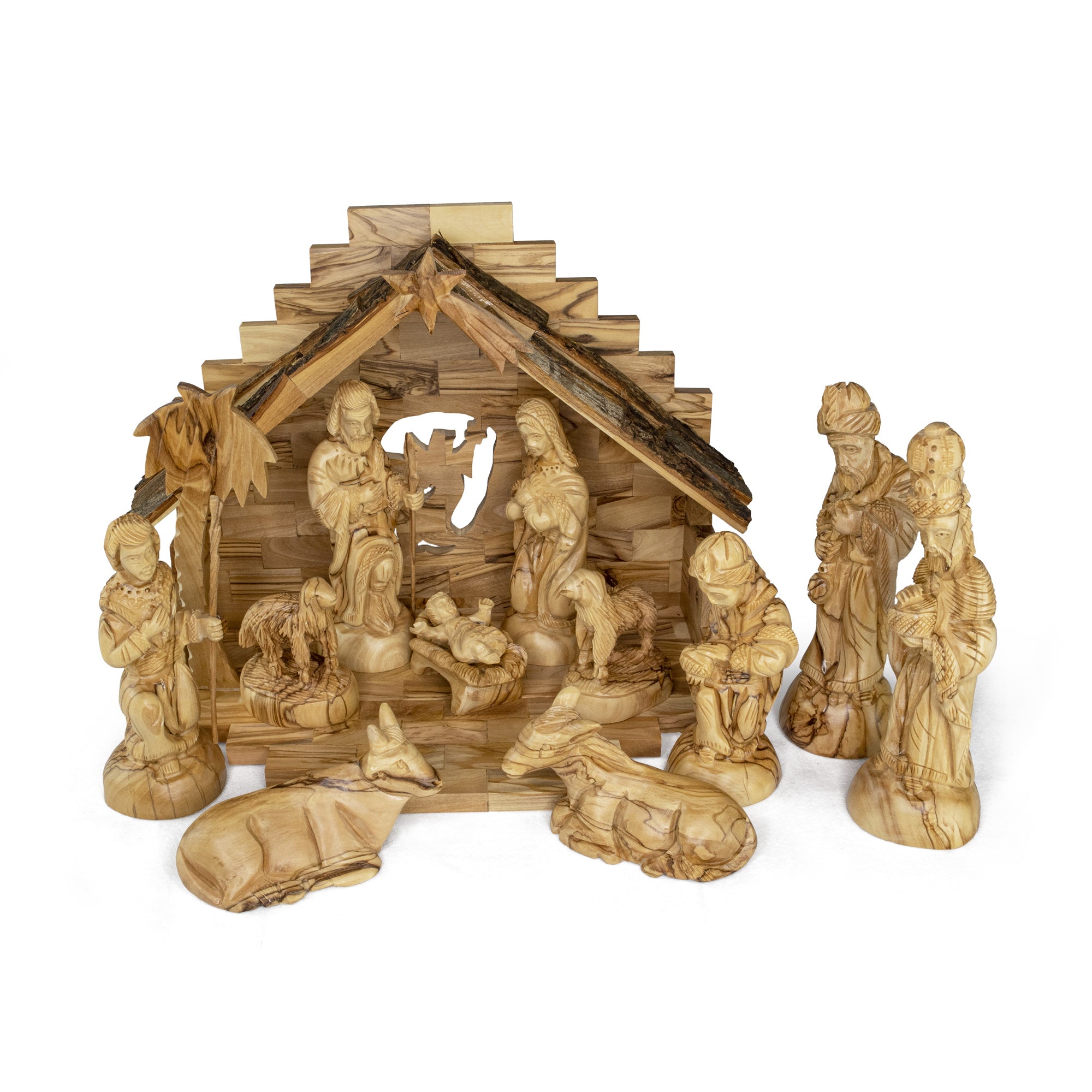 Holy Land Olive Wood Nativity with Large Bark Roof Stable and Detailed Figurines