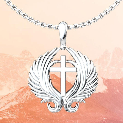 Angel Wings Cross Sterling Silver Pendant with orange mountain background