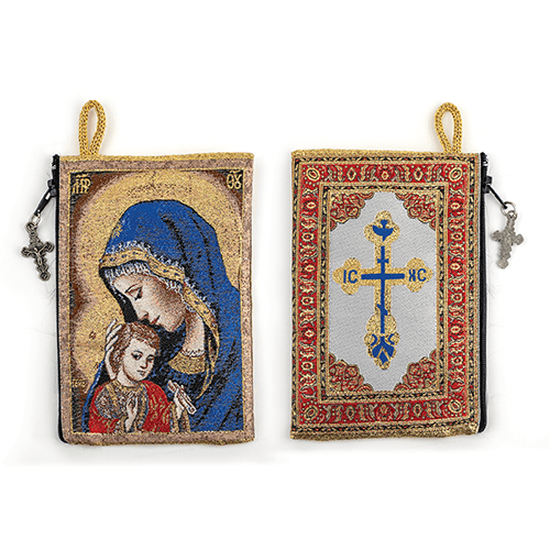 Woven Tapestry Rosary Pouch, Jewelry & Coin Purse - Madonna and Child & IC XC Cross - Red