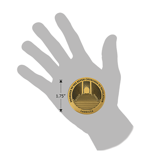 Laodicea, Seven Churches of Revelation Antique Gold Plated Challenge Coin in hand for size reference