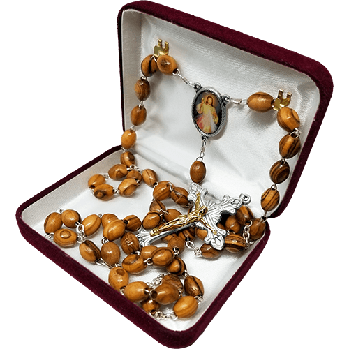 Olive Wood Rosary with Divine Mercy of Jesus Oval Medal