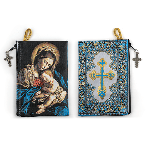 Woven Tapestry Rosary Pouch, Jewelry & Coin Purse - Virgin Mary Madonna and Child & Saint Olga Dove Cross