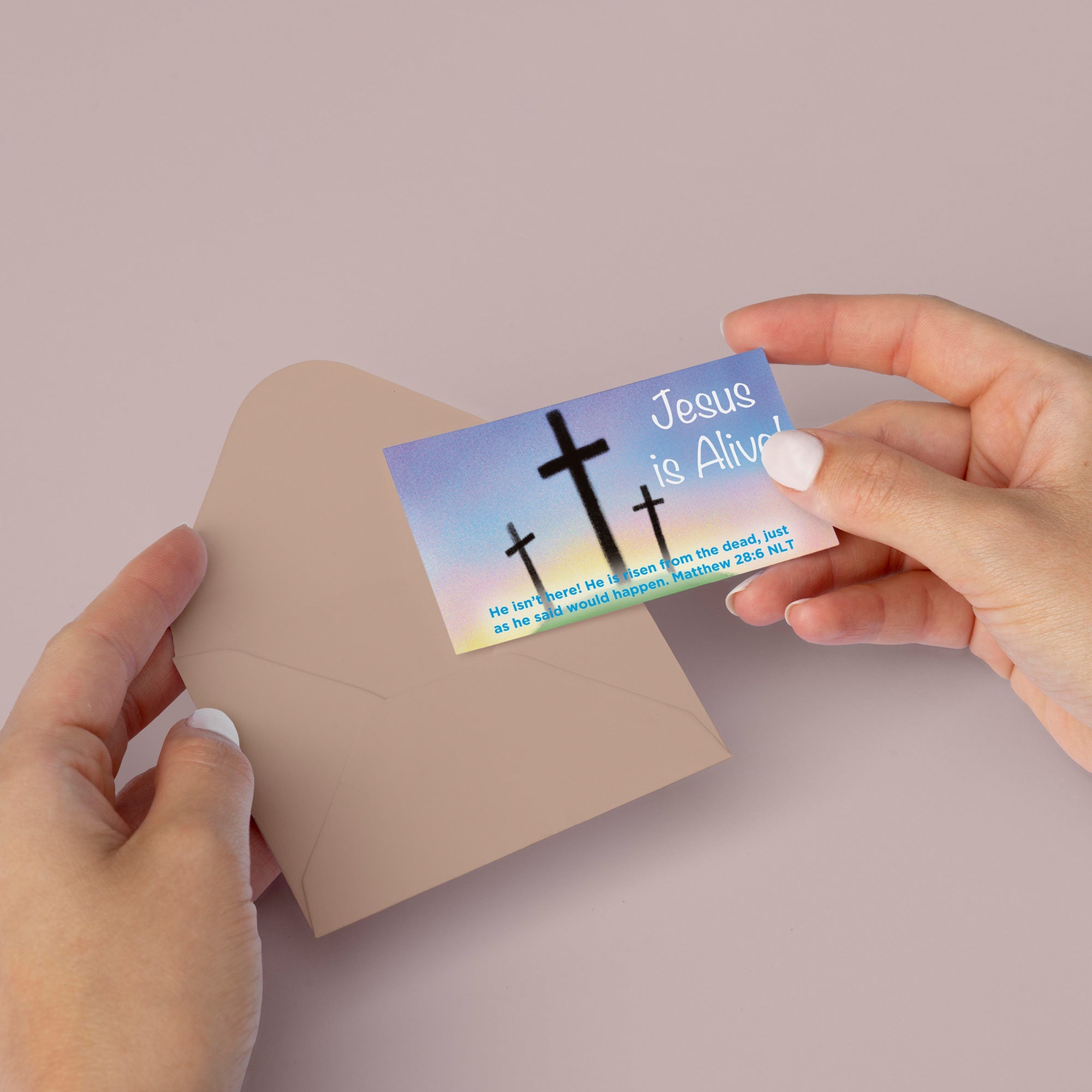 Easter, Pass Along Scripture Cards, Easter, Jesus is Alive (Calvary), Matthew 28:6, Pack of 25