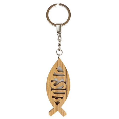 Jesus Fish Olive Wood Keychain, Catholic & Christian Religious Gift for Men & Women