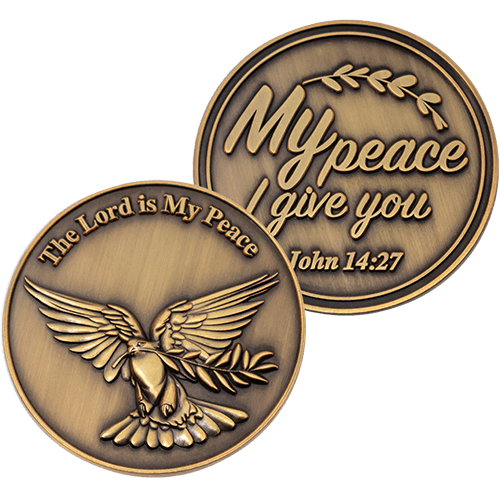 The Lord is my Peace Antique Gold Plated Christian Coin with Dove and Olive Branch  - John 14:27