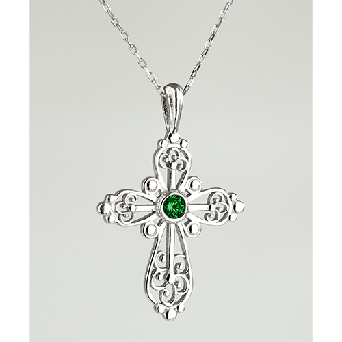 Sterling Silver Filigree Birthstone Cross Necklace - May
