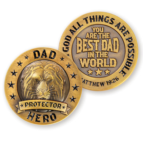 Combined view of the front and back of the "Best Dad in the World" challenge coin