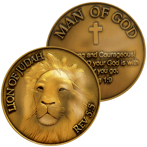 Front and back of Lion of Judah Antique Gold Plated Christian Challenge Coin