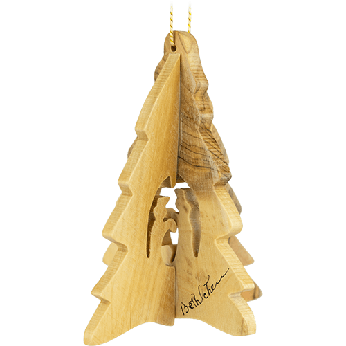 Holy family pine tree nativity 3-dimensional olive wood ornament from Israel