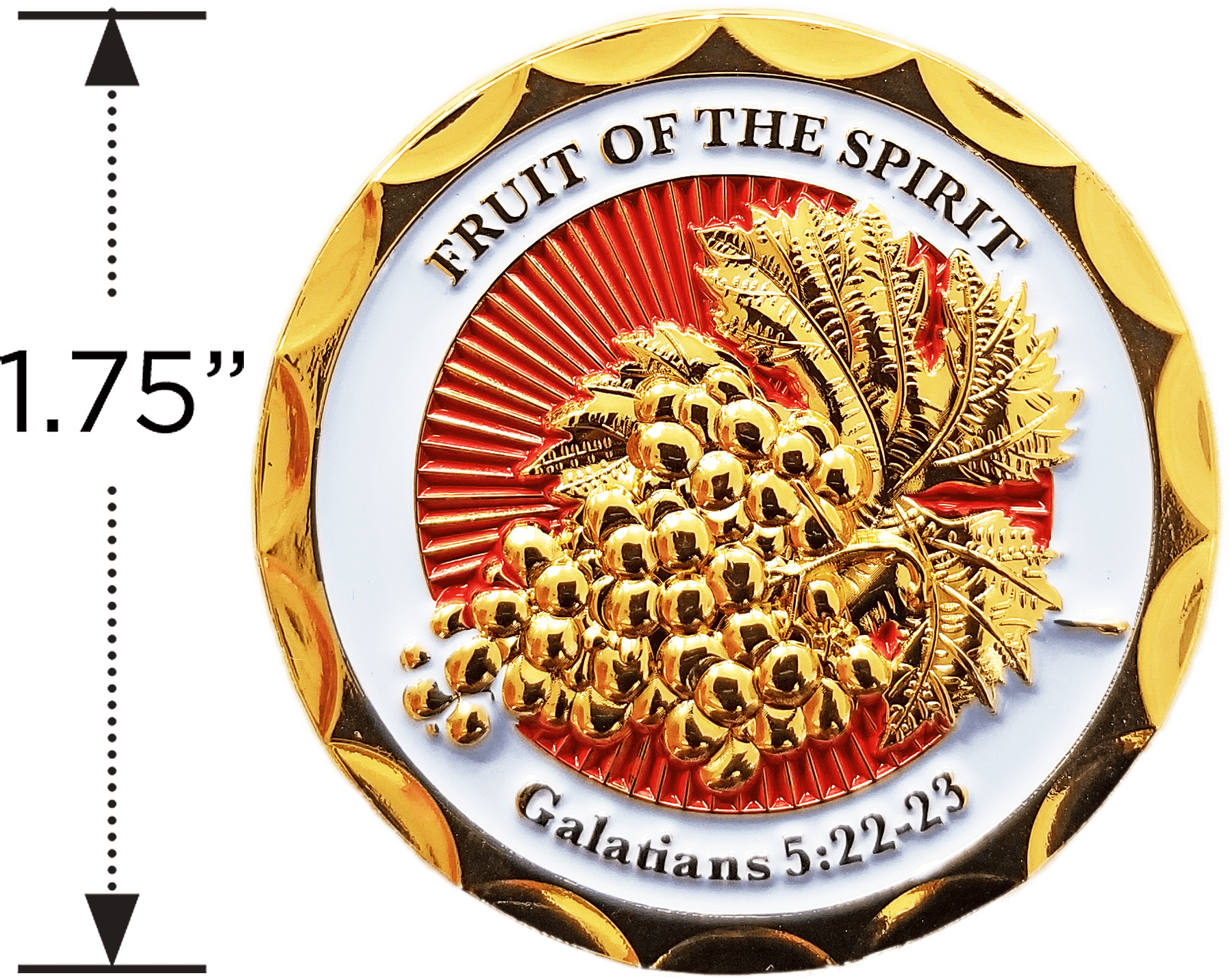 Fruit of the Spirit Gold Plated Christian Challenge Coin with size diameter measure