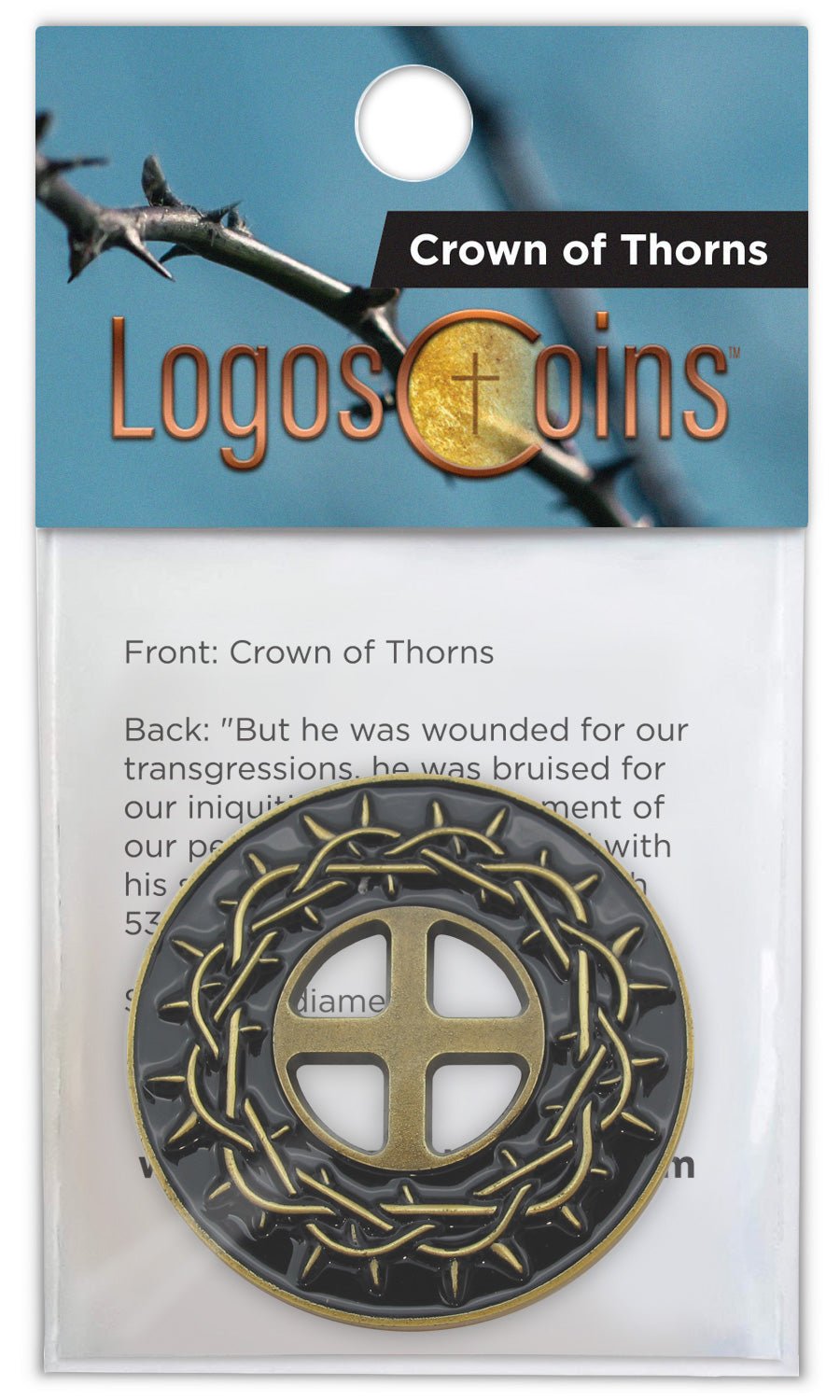 Front of Crown of Thorns Antique Gold Plated Challenge Coin in the packaging