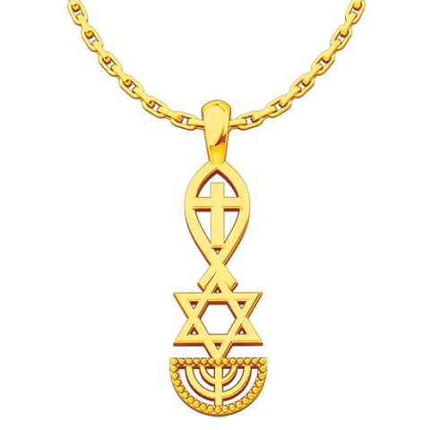 Messianic, Jesus Fish, Star of David, & Menorah, Gold Plated Sterling Silver Pendant Necklace for Men and Women