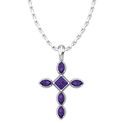 February Amethyst Antique Birthstone Cross Pendant - With 18" Sterling Silver Chain