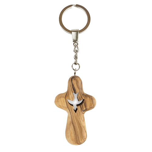 Dove Holding Cross Olive Wood Keychain, Catholic & Christian Religious Gift for Men & Women
