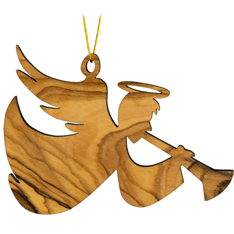 front view of 2D angel with trumpet Christmas hanging ornament