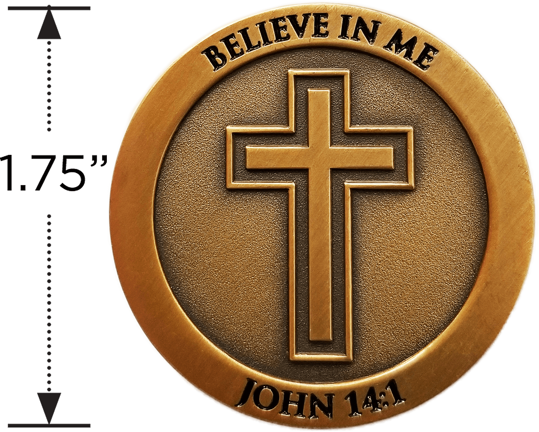Don't Be Anxious Antique Gold Plated Christian Challenge Coin measured to show the size diameter