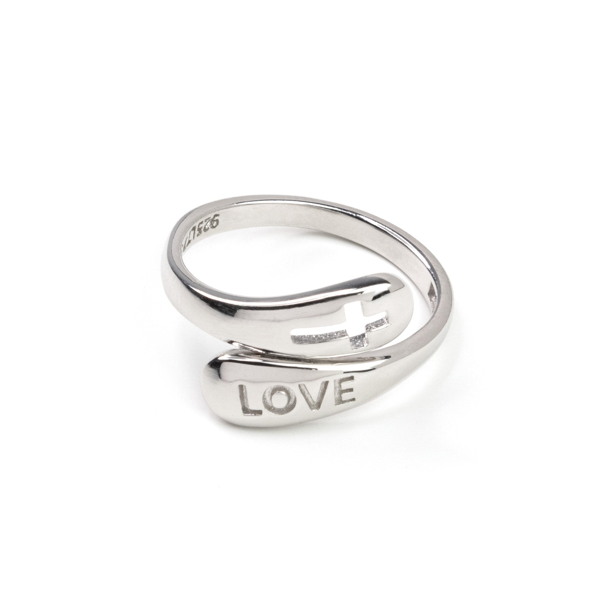 Sterling Silver Wrap Ring - Love and Cut Out Cross, One Size Fits Most