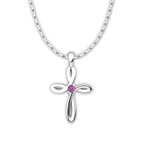 October Pink Tourmaline Birthstone Swirl Cross Sterling Silver Pendant Necklace - With 18 Sterling Silver Chain