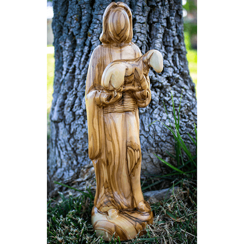 Holy Land Olive Wood Statue - Jesus the Good Shepherd, 10" in nature