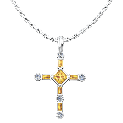 November Citrine Antique Birthstone Cross Pendant - With 18" Sterling Silver Chain