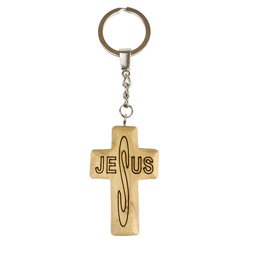 Jesus Cross Olive Wood Keychain, Catholic & Christian Religious Gift for Men & Women