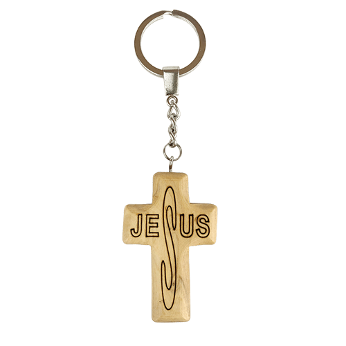 Engraved Jesus Cross Holy Land Olive Wood Keychain from Bethlehem