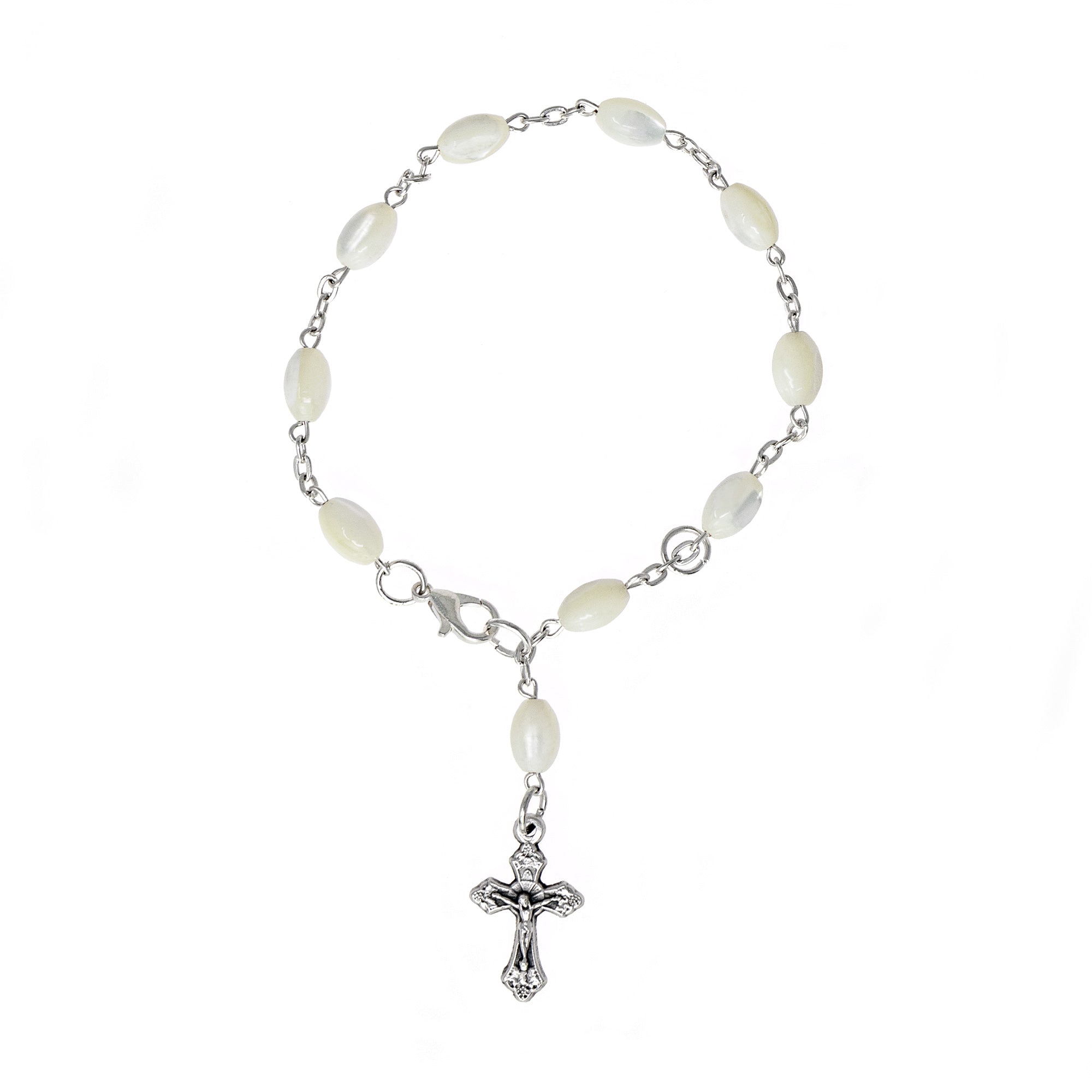 Mother of Pearl One Decade Catholic Rosary Charm Bracelet with Crucifix Cross Pendant Charm
