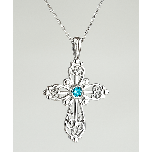 Sterling Silver Filigree Birthstone Cross Necklace - December