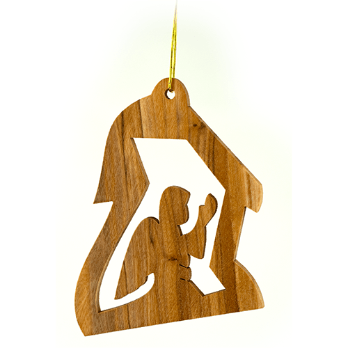 front view of single christmas angel olive wood ornament with gold hanging string