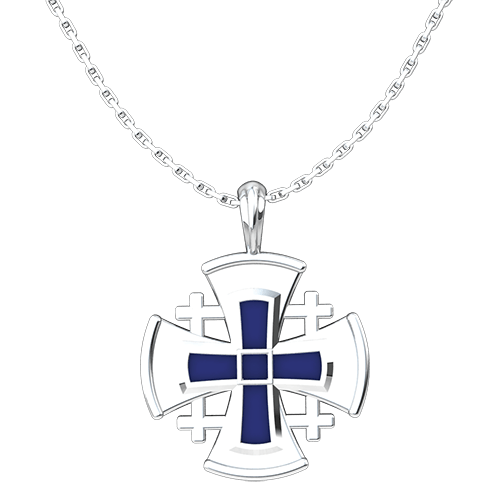 Jerusalem Cross with Blue Enamel  Sterling Silver Pendant 