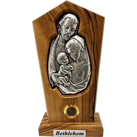 Holy Family Silver Plated Icon Olive Wood Stand - Large