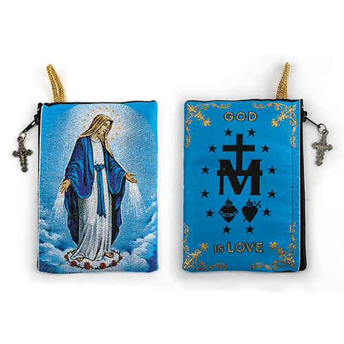 Woven Tapestry Rosary Pouch, Jewelry & Coin Purse - Our Lady of Grace & Miraculous Medal Symbol