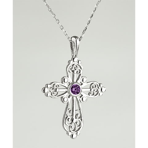 Sterling Silver Filigree Birthstone Cross Necklace - February
